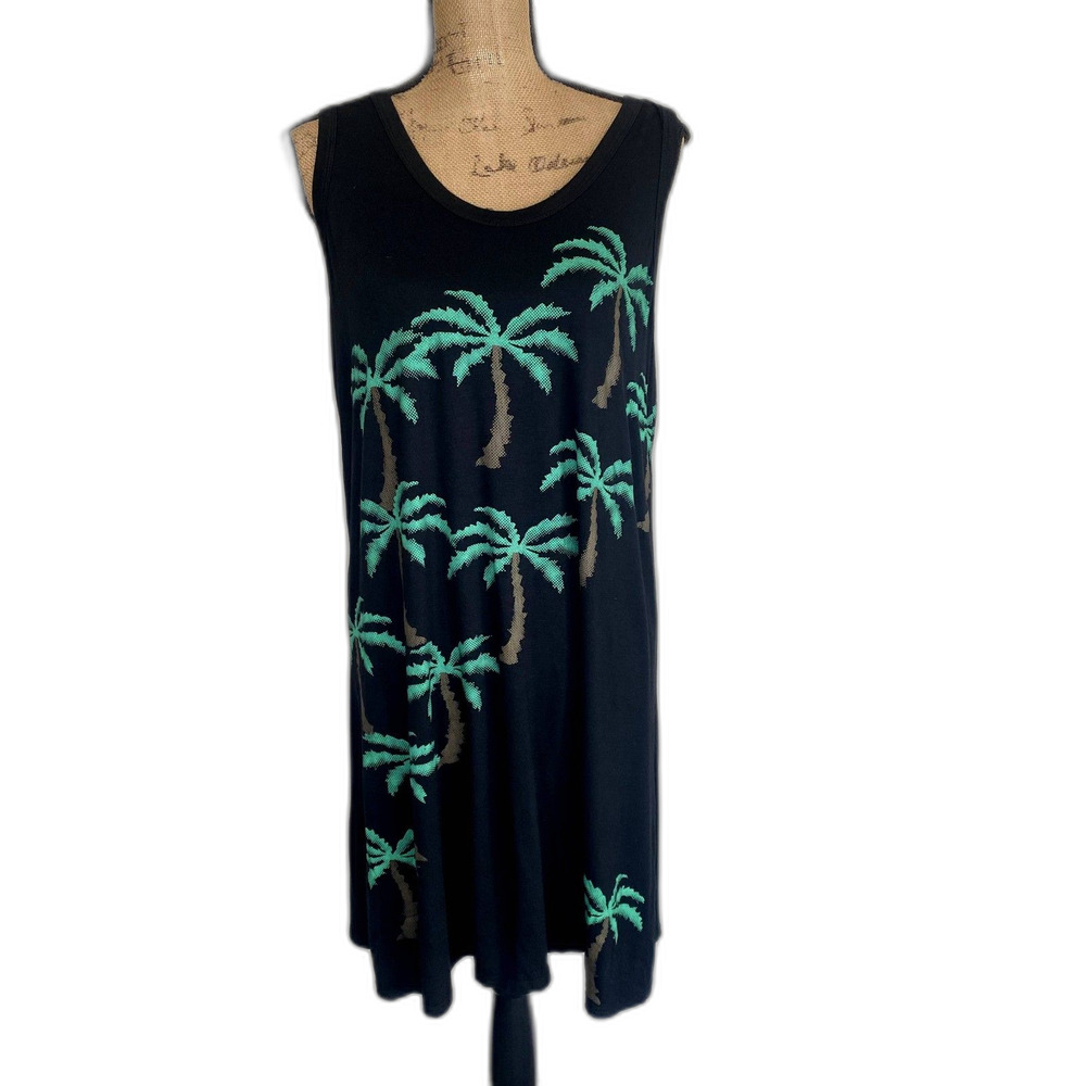 India Boutique Tank Dress Black Palm‎ Tree Print Beachy Vacation Flowy One Size